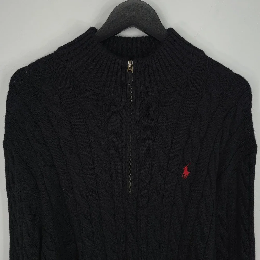 Polo Ralph Lauren Sweater Mens 2XL Black 1/4 Zip Mock Neck Cable Knit Cotton
